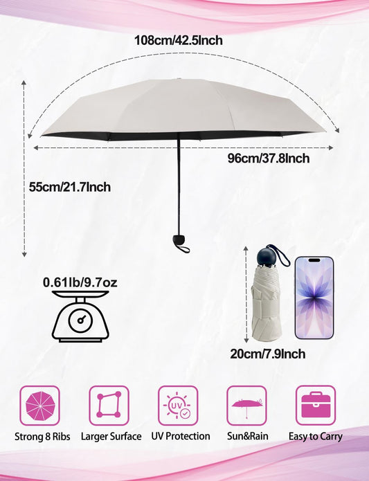 Mini Travel Umbrella Compact Small Size, UV Protection for Sun & Rain, Lightweight Folding, Wind Resistant, Small Backpack Purse Size for Women Kids