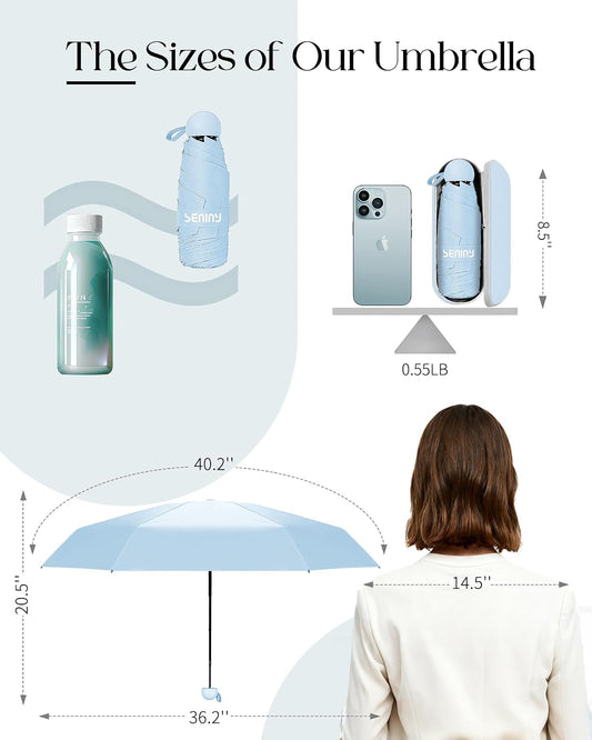 Seniny Mini Travel Umbrella with Case, Compact Pocket Size UV Sun & Rain