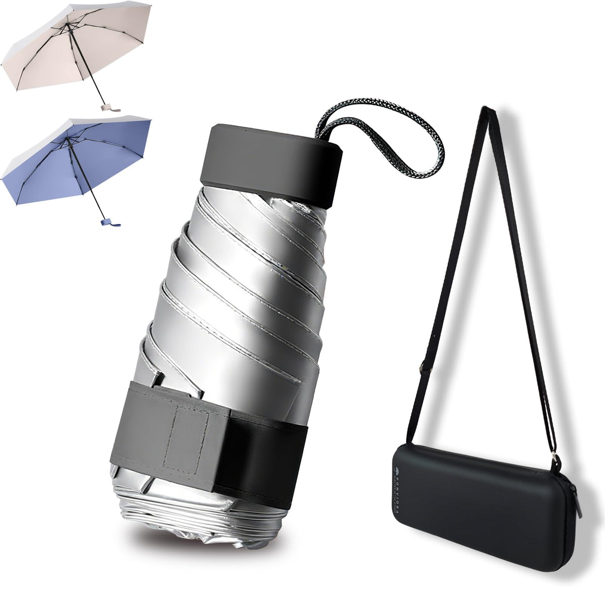 Mini Umbrella for Travel Compact Folding Windproof, Lightweight Pocket Size for Backpack/Purse - UPF 50+ Sun & Rain Protection with Case & Adjustable Shoulder Straps- Manual Open for Women, Men, Kids