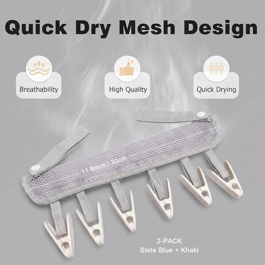 Travel Clothes Drying Hanger for Heated Clothes Airer & Clothes Drying Rack Clothesline, Foldable Portable Mesh Drying Rack with 6 Clips for Sock Underwear Bra Towel Home Cruise Outdoor 2 Pack