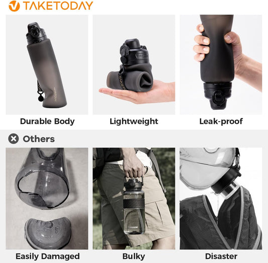 TakeToday Collapsible Water Bottles, Foldable for Travel, 32oz, Black