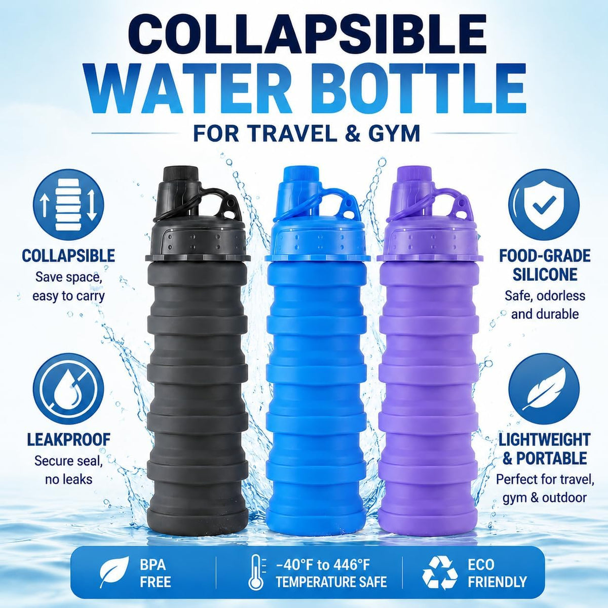 Collapsible Water Bottles, 3 Pack Silicone Foldable Sports travel Bottle
