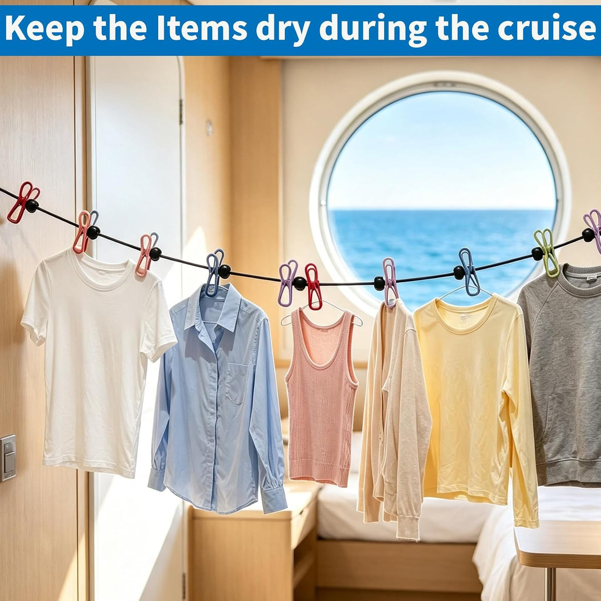 Magnetic Cruise Travel Clothes Line with 12 Clothes Clips & Waterproof Bag