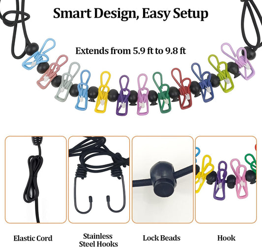 Travel Clothesline Retractable Portable Clothesline with 12 Clips Portable Elastic Camping Clothes Line with Anti-Slip Beads & Stainless Hooks for Hotel, RV, Boat, Outdoor Use (2 Pack)