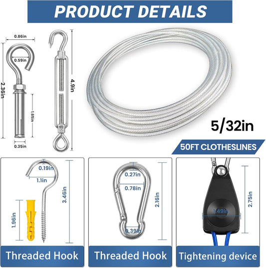 50FT Outdoor Clothesline Wire Rope System, Adjustable Steel Laundry Line with Pulley & Turnbuckle, Heavy Duty Clothes Line for Backyard, Travel & Outdoor Drying (Clear)