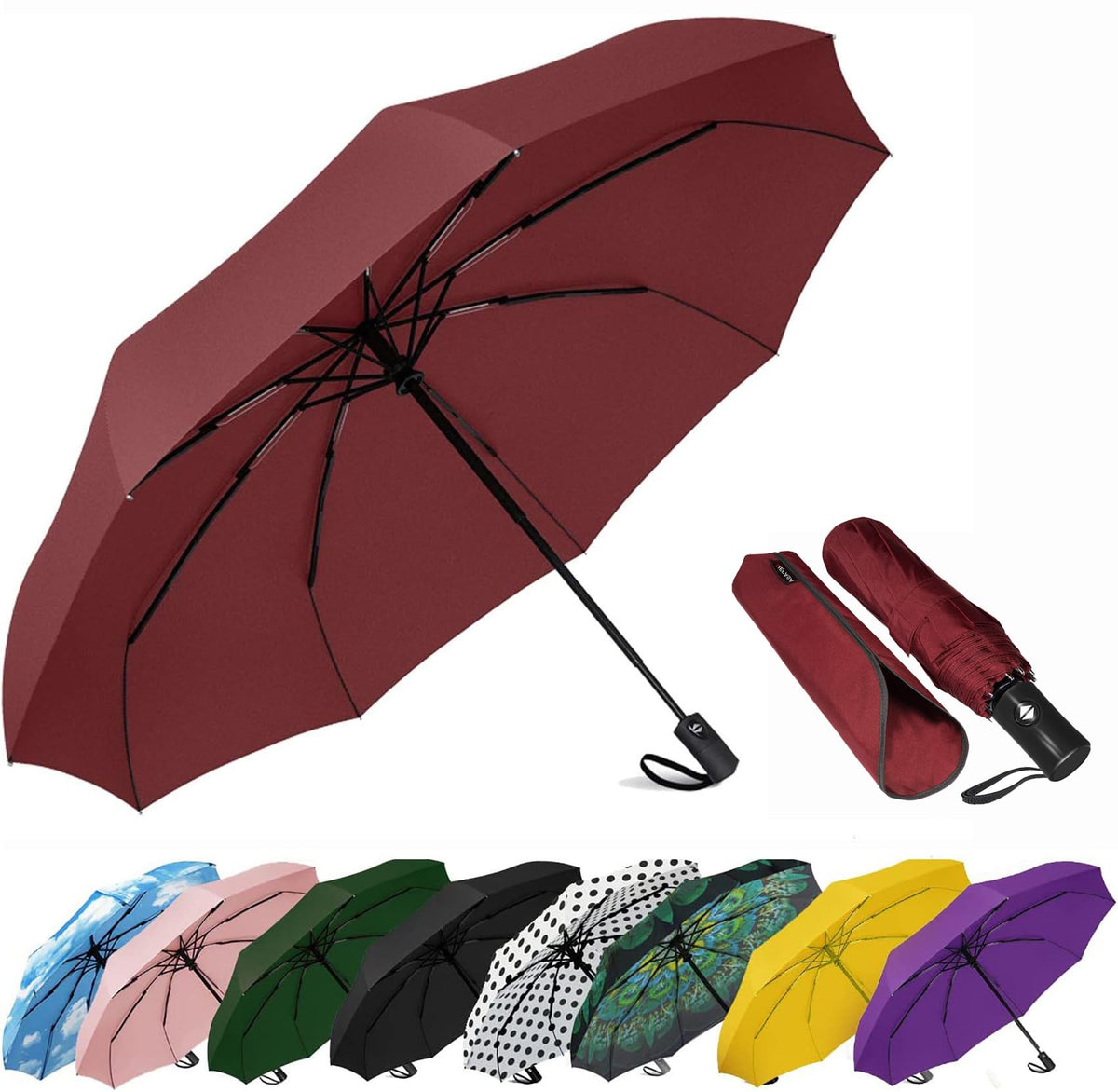 SIEPASA Compact Travel Umbrella - Windproof Auto Open/Close, Small Folding Umbrella for Rain - Lightweight & Durable with Fiberglass Frame, Waterproof Canopy - Fits Backpack, Purse, Suitcase. (Black)