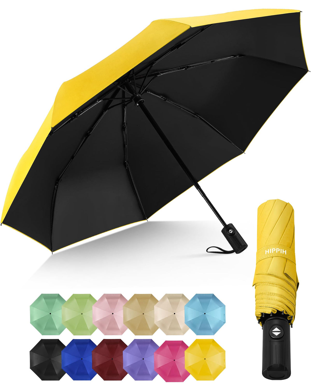 HIPPIH Compact Travel Umbrella for Rain - Windproof Automatic Umbrellas, UV Umbrella for Sun Protection with Black Anti-UV Coating, Portable Small Umbrellas for Backpack, Car, Walking, Kids, Women