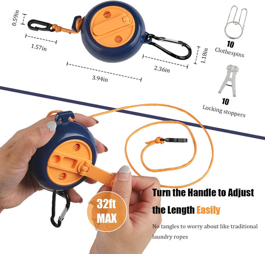 32Ft Portable Travel Clothesline Caudblor Adjustable Camping Clothes Laundry Drying Rope for Hotel Trip, Cruise, Outdoor/Indoor with 10 Windproof Clips, 10 Clothespins, 1 Storage Bag(Blue)
