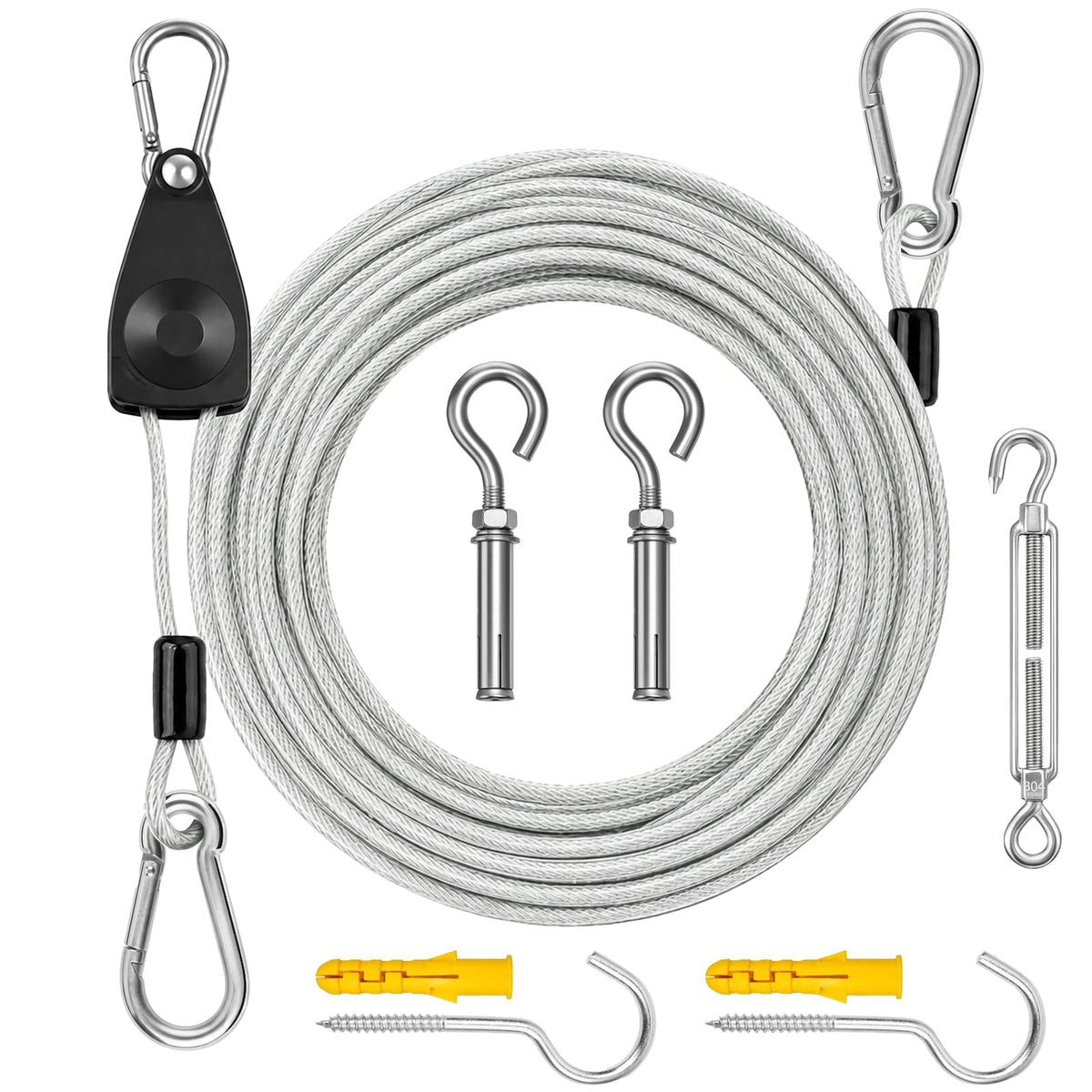 50FT Outdoor Clothesline Wire Rope System, Adjustable Steel Laundry Line with Pulley & Turnbuckle, Heavy Duty Clothes Line for Backyard, Travel & Outdoor Drying (Clear)