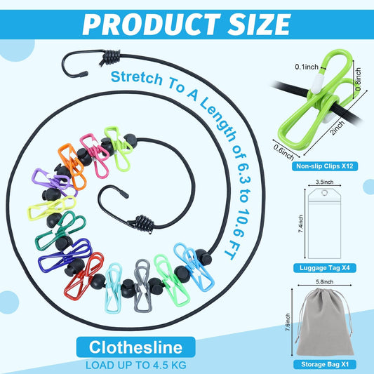Travel Clothesline for Cruise Retractable Clothesline with 12 Clothesline Clips 2 Strong Magnets Hooks 4 Luggage Tags Camping Portable Clothesline for Hotel Room RV Indoor Cruise Ship Essentials 2026