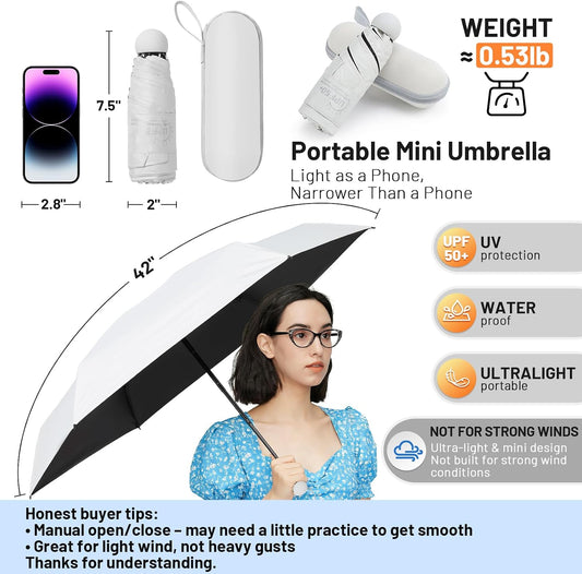 SY COMPACT Mini Travel Umbrella, UPF 50+ Rain & UV Sun Protection, Small Windproof & Lightweight Portable Umbrella with Zipper Case, Fits in Purse Travel Essential for Men Women