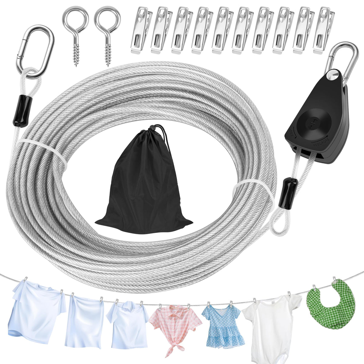Windspeed Retractable Clothesline Outdoor Heavy Duty Travel Clothesline Retractable Clothes Line for Outside Travel Camping Cloth Line, Galvanized Steel Material, and 10 Clips, Storage Bag
