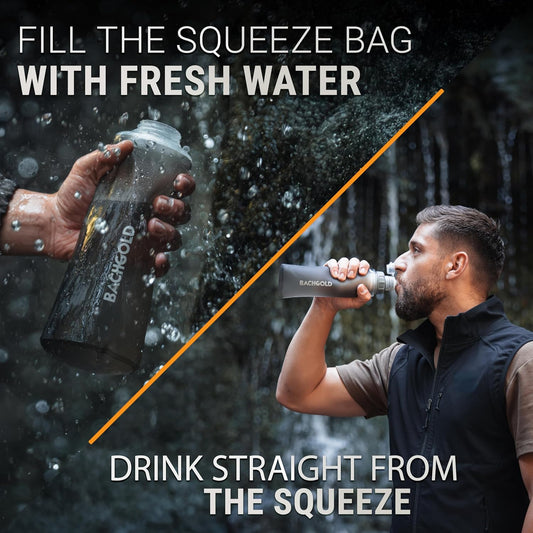 Bachgold Squeeze Filtered Water Bottle, Collapsible Portable Camping Filter