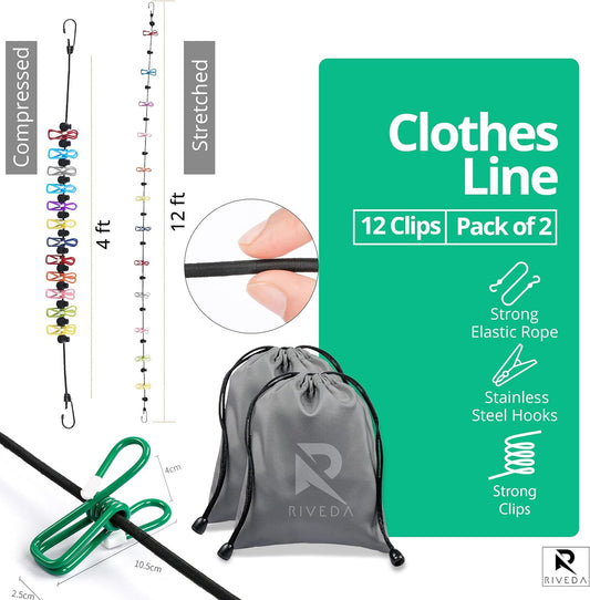 RIVEDA 2 Pack Travel Clotheslines with 12 Colorful Clips Each & 2 Bags, Cruise RV & Camping Essentials Clothes Line for Indoor Laundry Drying Line & Outdoor Accessories