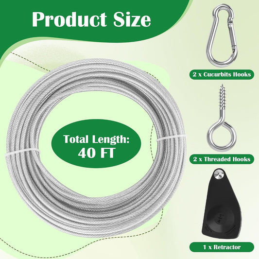 40FT Clothes Line Outdoors Retractable, Anglecai 3/16" Steel Wire Rope