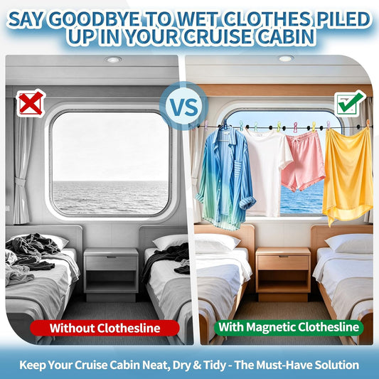 Magnetic Clothes Line for Cruise Ship, Upgraded Magnetic Travel Clothesline Essential, 2Pack Super Rubber Non-Scratch Magnets, Portable Clothesline for Cruise Ships Cabin, Hotel, RV and Camping