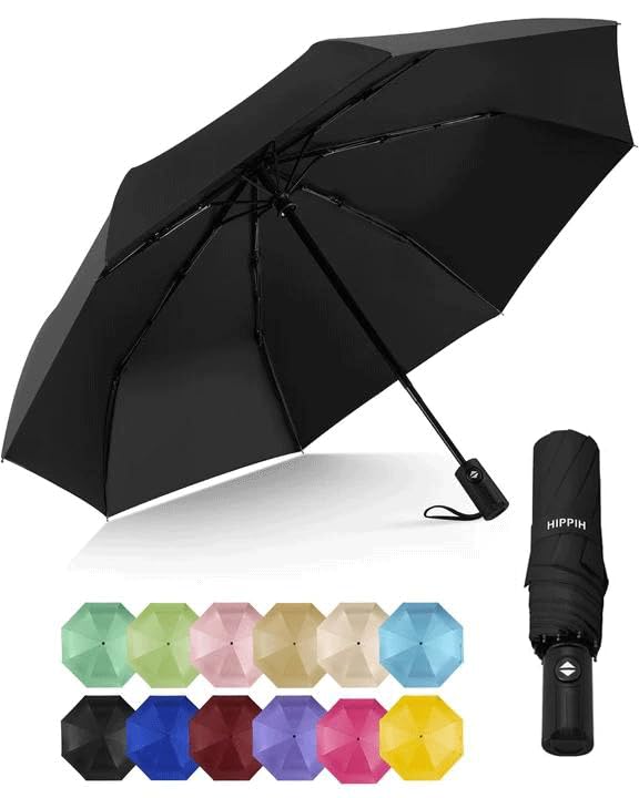 HIPPIH Compact Travel Umbrella for Rain - Windproof Automatic Umbrellas, UV Umbrella for Sun Protection with Black Anti-UV Coating, Portable Small Umbrellas for Backpack, Car, Walking, Kids, Women