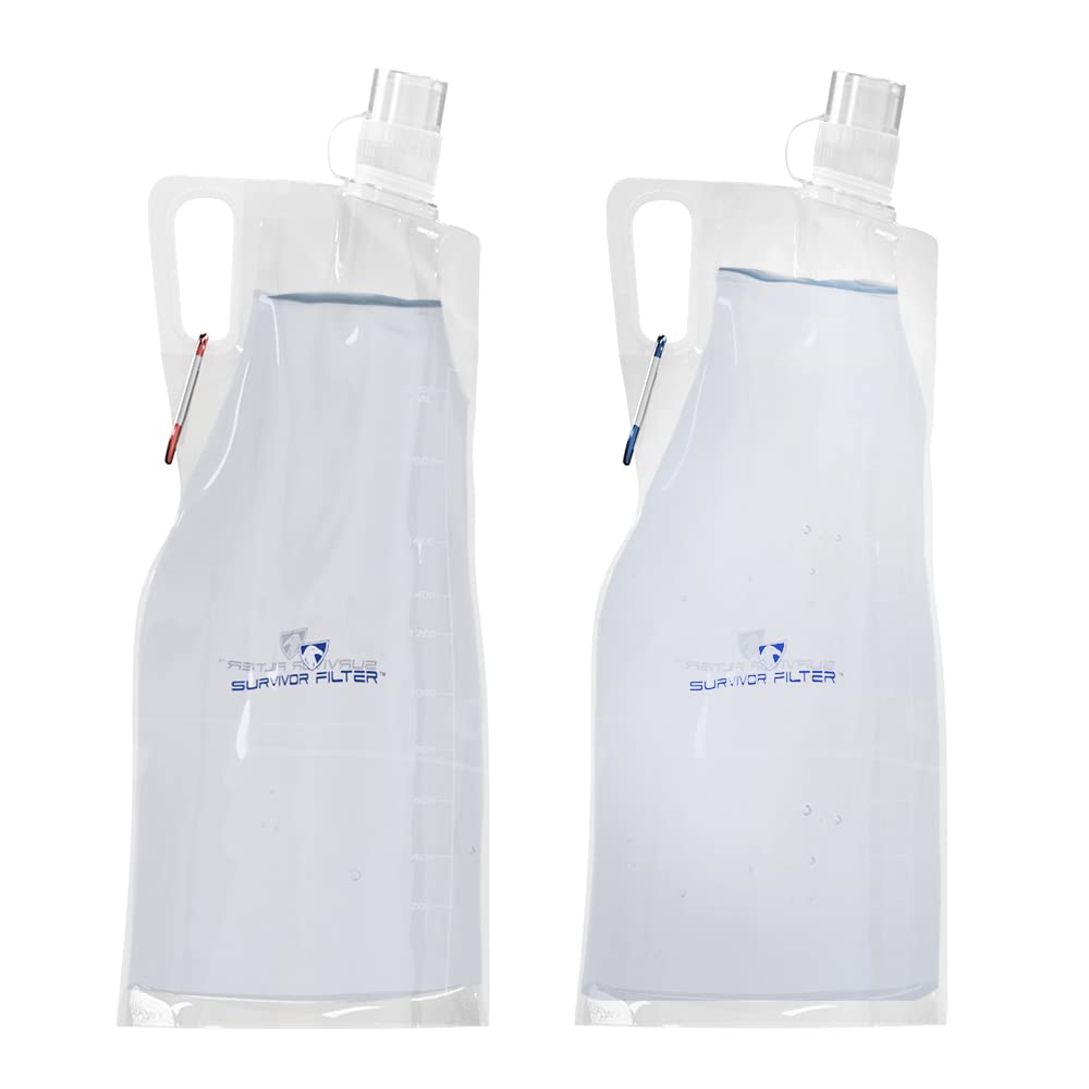 Survivor Filter Clear Collapsible Water Bottles - Travel, Hiking, Foldable, BPA-Free - 2 x