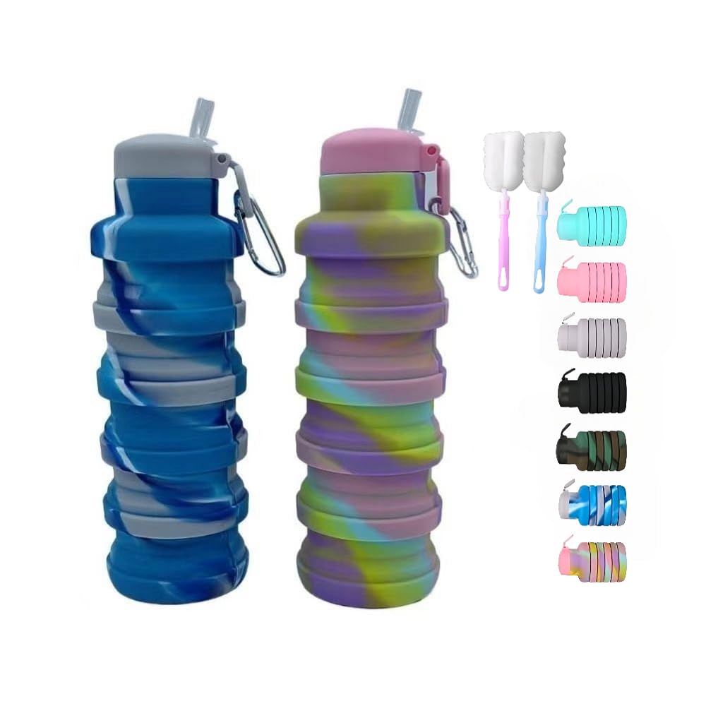 Collapsible water bottles 2 Pack with brush 500ml (Black+Pink)