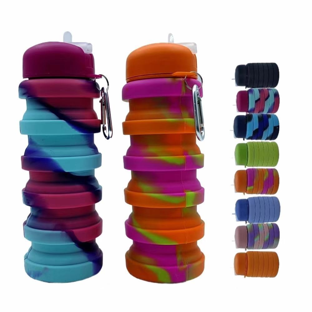 Collapsible Water Bottles 2 Pack 500ml (Orange+Rose Red)