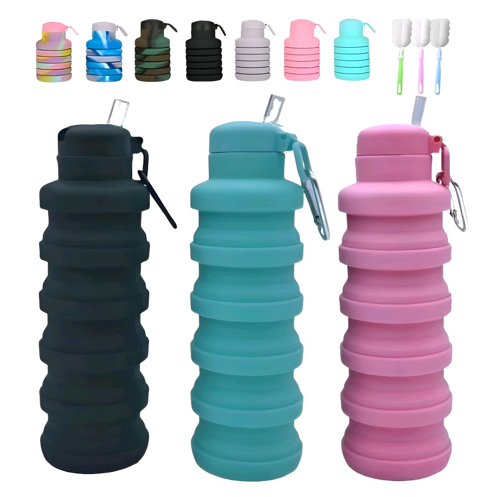 Collapsible water bottles 2 Pack with brush 500ml (Black+Pink)