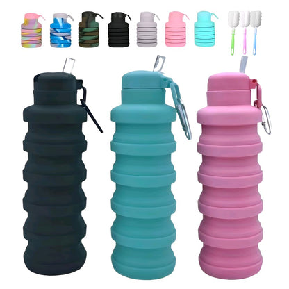 Collapsible water bottles 2 Pack with brush 500ml (Black+Pink)