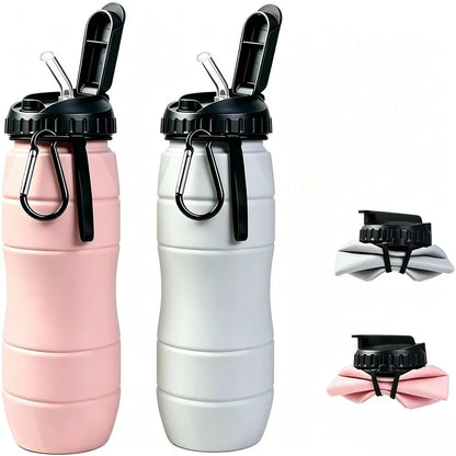 Collapsible Water Bottles 22oz with Straw 2Pack Travel (Blue+Pink)