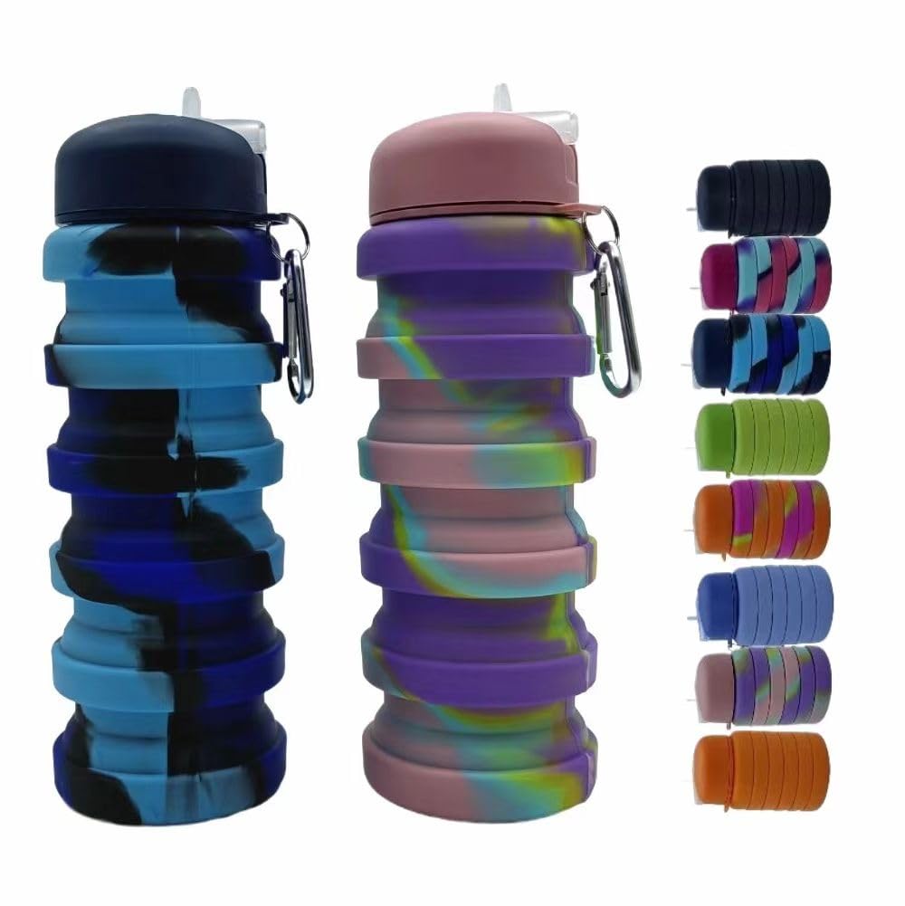 Collapsible Water Bottles 2 Pack 500ml (Orange+Rose Red)