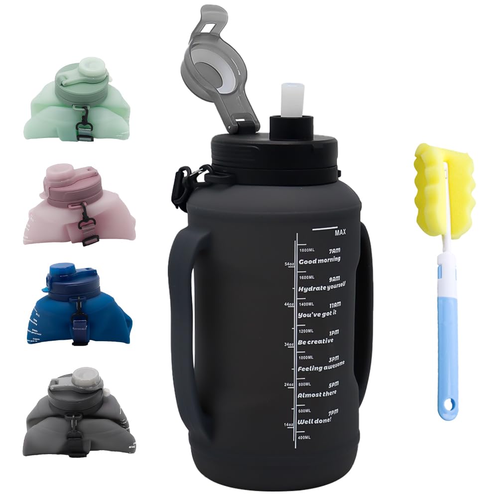 64oz Collapsible Silicone Water Bottle with Straw, BPA-Free,Foldable Water Jug with Handle for Gym, Hiking, Camping,Fishing (Pink)