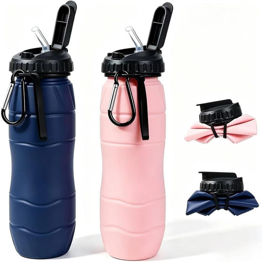 Collapsible Water Bottles 22oz with Straw 2Pack Travel (Blue+Pink)
