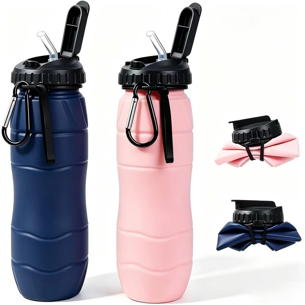 Collapsible Water Bottles 22oz with Straw 2Pack Travel (Blue+Pink)