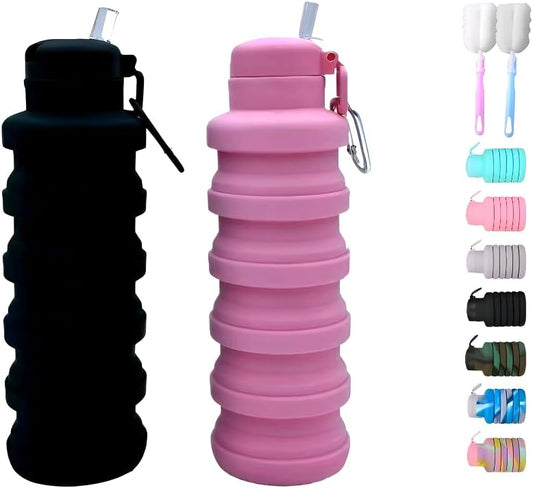 Collapsible water bottles 2 Pack with brush 500ml (Black+Pink)