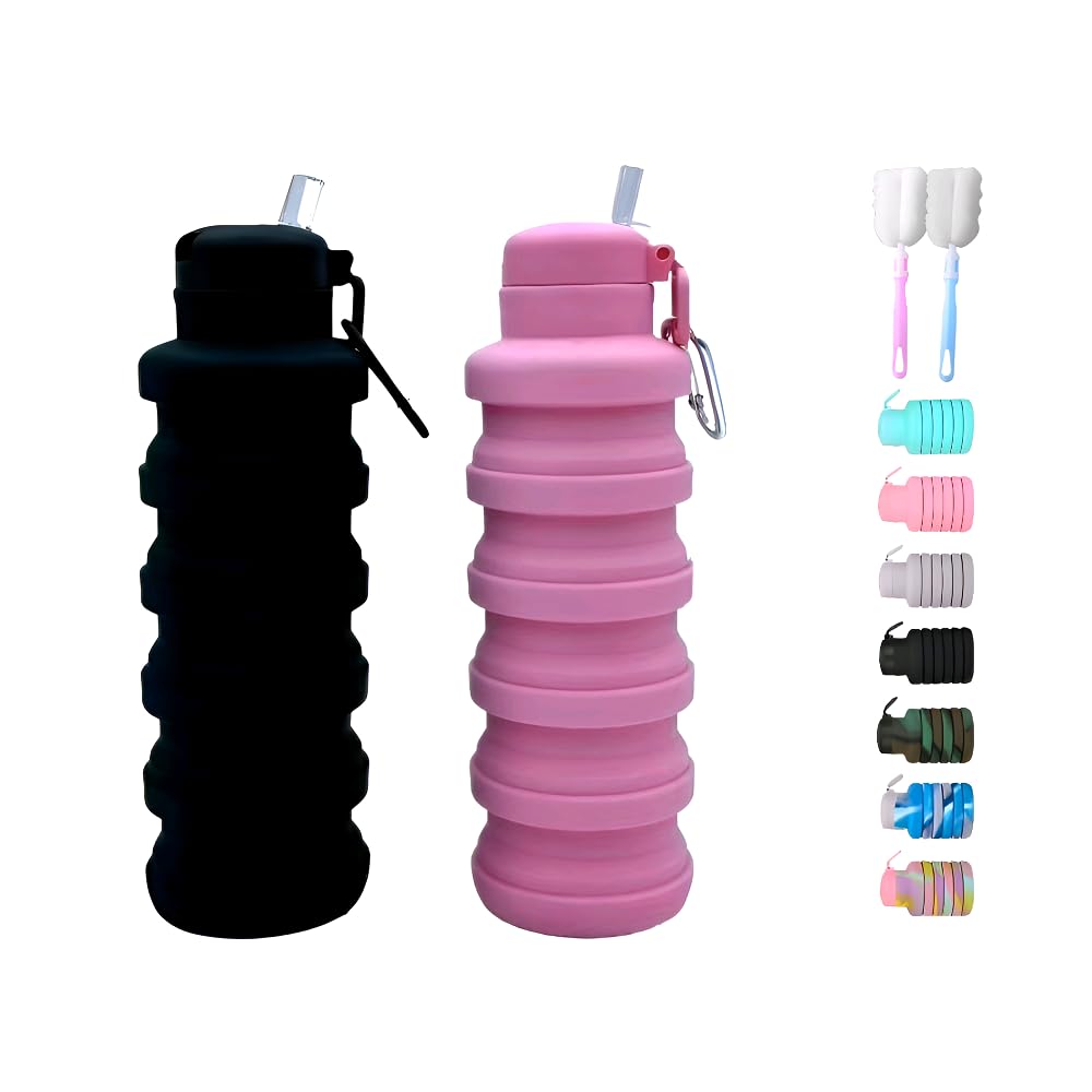 Collapsible water bottles 2 Pack with brush 500ml (Black+Pink)