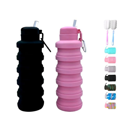 Collapsible water bottles 2 Pack with brush 500ml (Black+Pink)