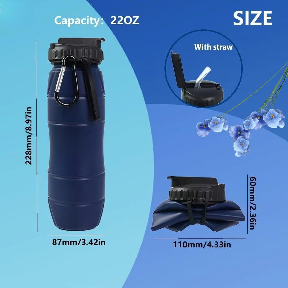 Collapsible Water Bottles 22oz with Straw 2Pack Travel (Blue+Pink)
