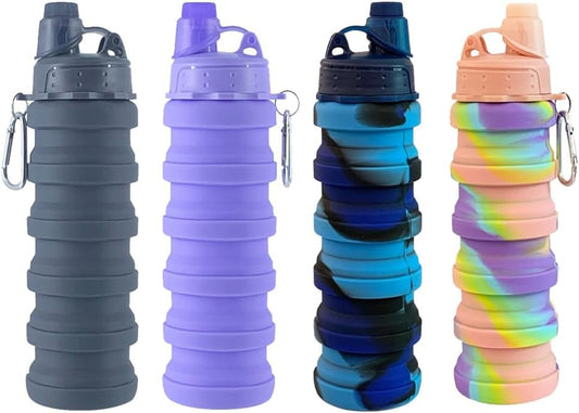 Collapsible Water Bottles 4 Pack 500ml (Grey+Purple+Blue+Pink)