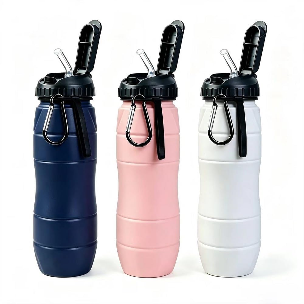 Collapsible Water Bottles 22oz with Straw 2Pack Travel (Blue+Pink)