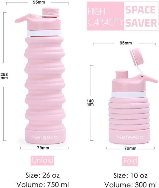 Nefeeko Collapsible Water Bottle, 26oz Silicone Foldable Water Bottles