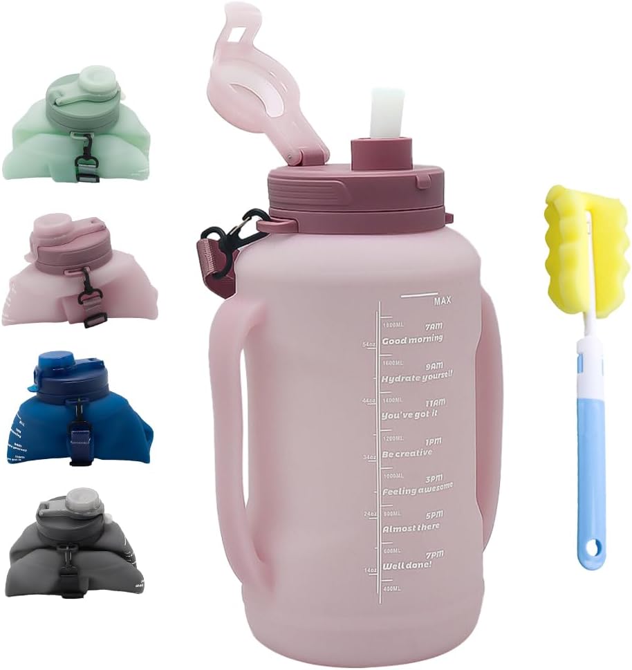 64oz Collapsible Silicone Water Bottle with Straw, BPA-Free,Foldable Water Jug with Handle for Gym, Hiking, Camping,Fishing (Pink)