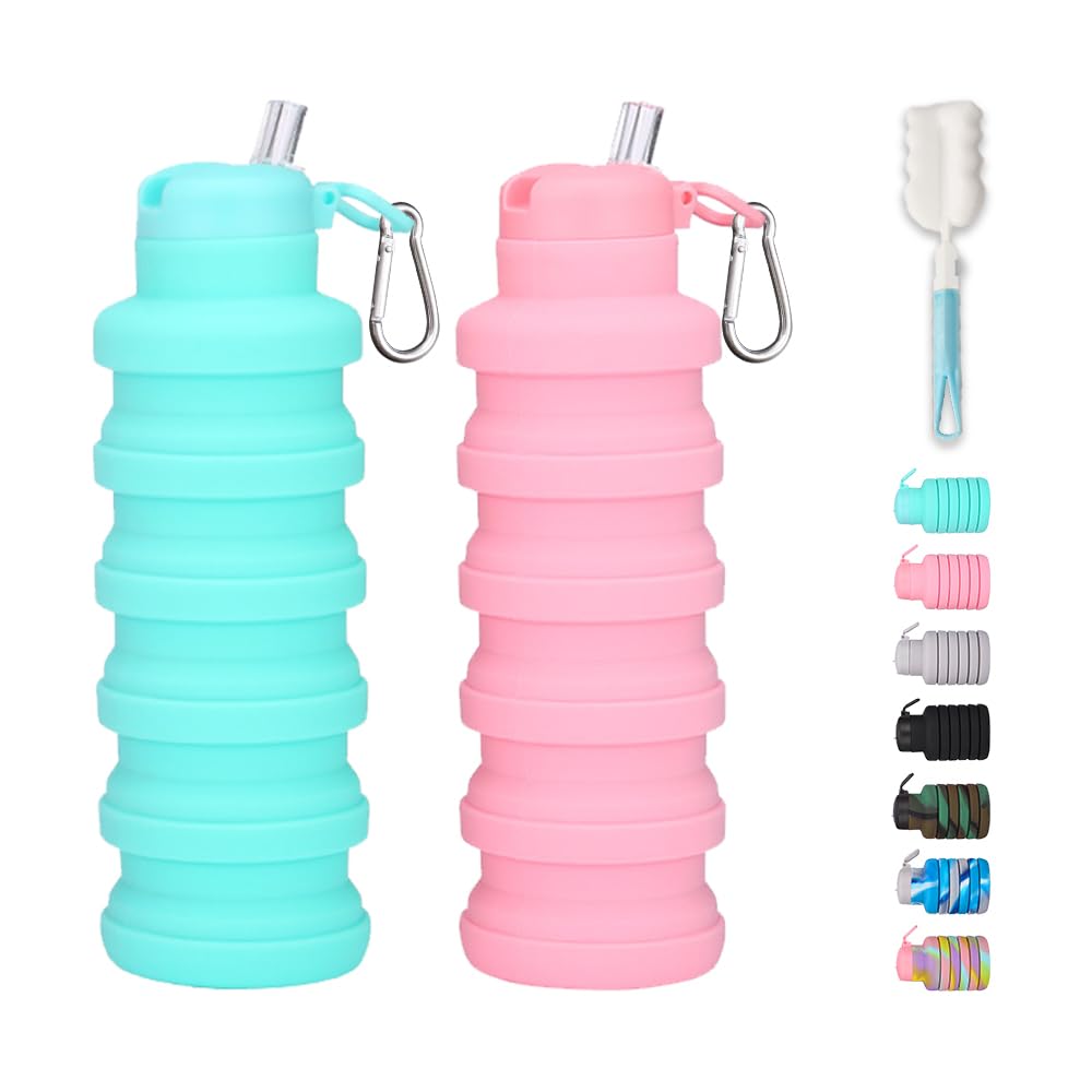 Collapsible water bottles 2 Pack with brush 500ml (Black+Pink)