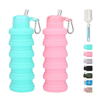 Collapsible water bottles 2 Pack with brush 500ml (Black+Pink)