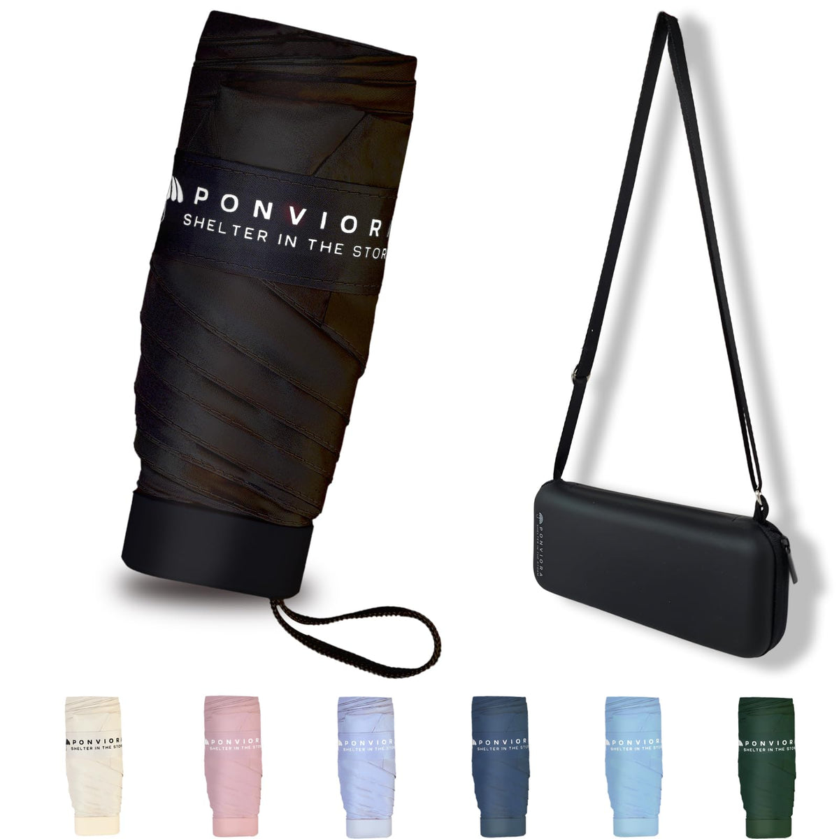 Mini Umbrella for Travel Compact Folding Windproof, Lightweight Pocket Size for Backpack/Purse - UPF 50+ Sun & Rain Protection with Case & Adjustable Shoulder Straps- Manual Open for Women, Men, Kids