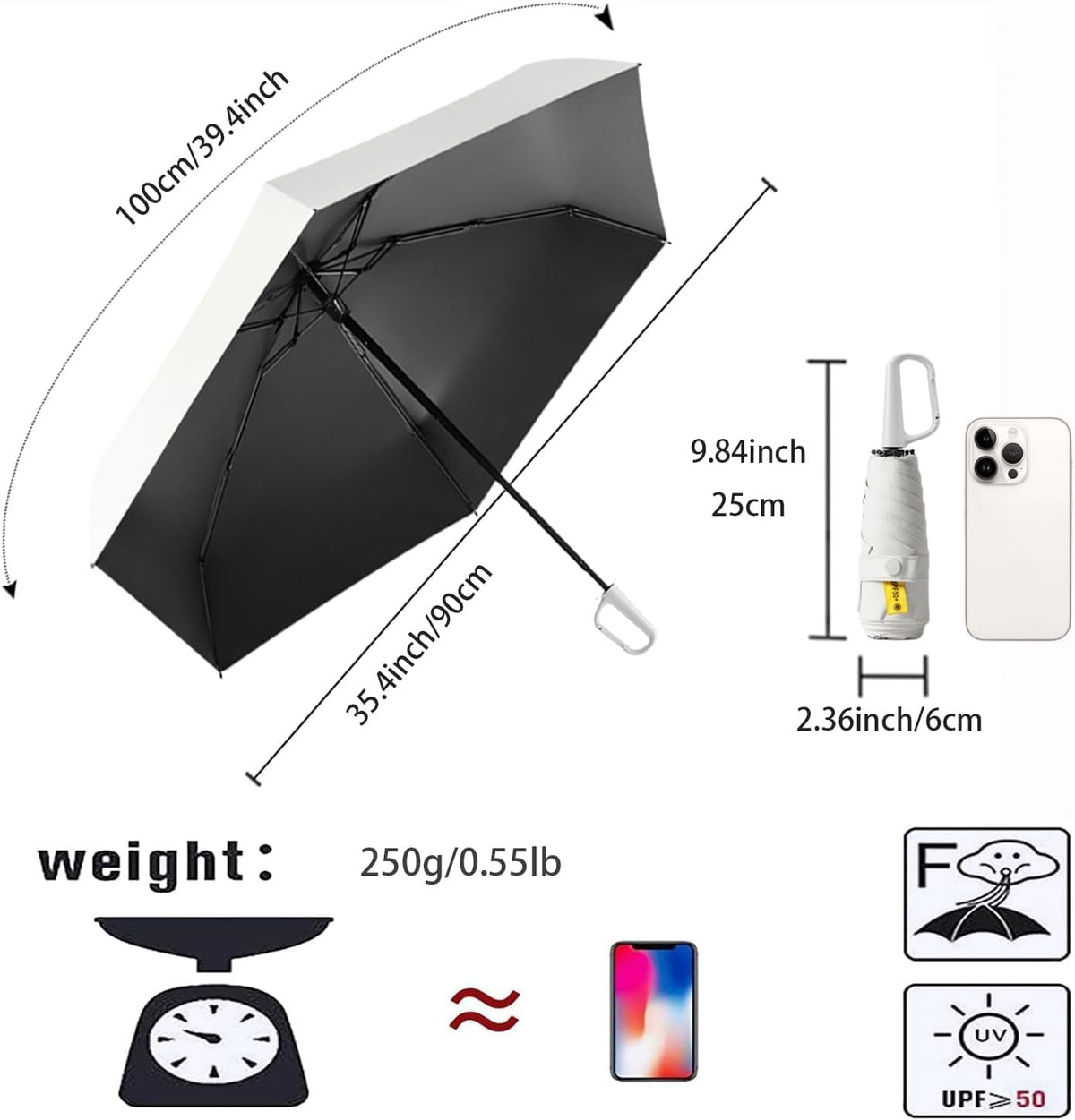 erised's bifrost Mini Travel Folding Umbrella with Carabiner Handle for Women Men Kids/Lightweight Portable Compact/Small Parasol/UV Protection/UPF50+/6Ribs/Sun Rain/Fits in Pocket Car Purse