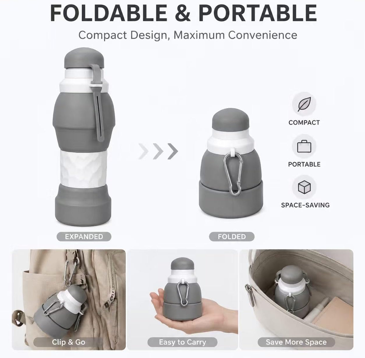 Petmaro Collapsible Water Bottles for traveling 20 oz (Grey)