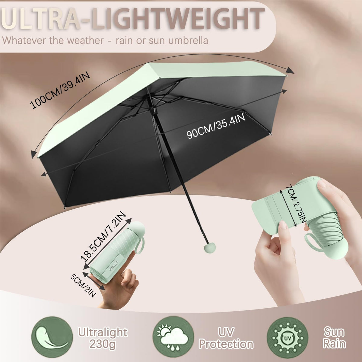 Mini Travel Folding Umbrella for Women, Kids/7cm Wide Strap/UPF50+/Compact