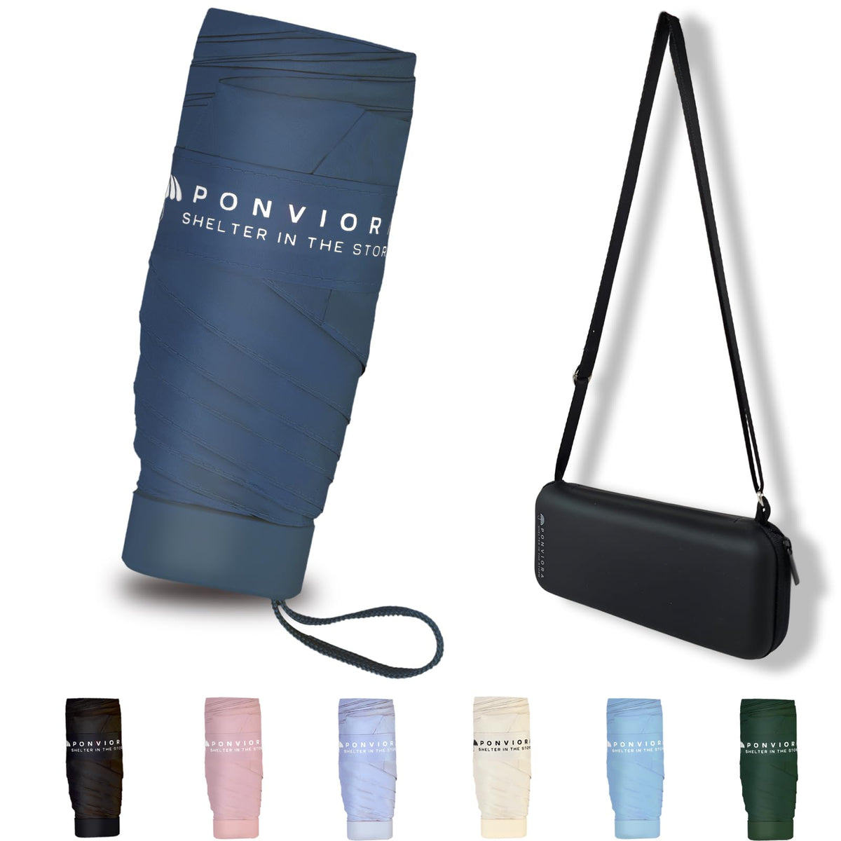 Mini Umbrella for Travel Compact Folding Windproof, Lightweight Pocket Size for Backpack/Purse - UPF 50+ Sun & Rain Protection with Case & Adjustable Shoulder Straps- Manual Open for Women, Men, Kids