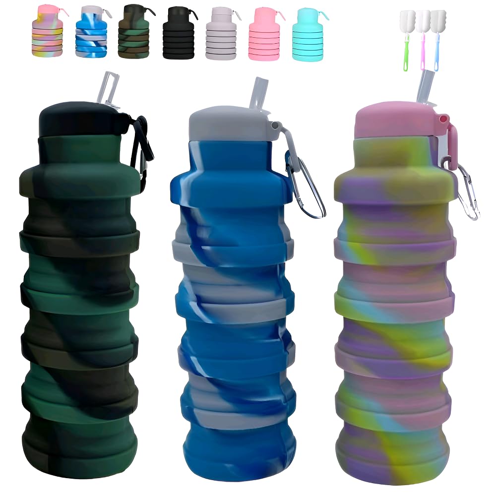 Collapsible water bottles 2 Pack with brush 500ml (Black+Pink)