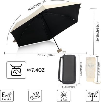 Mini Umbrella for Travel Compact Folding Windproof, Lightweight Pocket Size for Backpack/Purse - UPF 50+ Sun & Rain Protection with Case & Adjustable Shoulder Straps- Manual Open for Women, Men, Kids