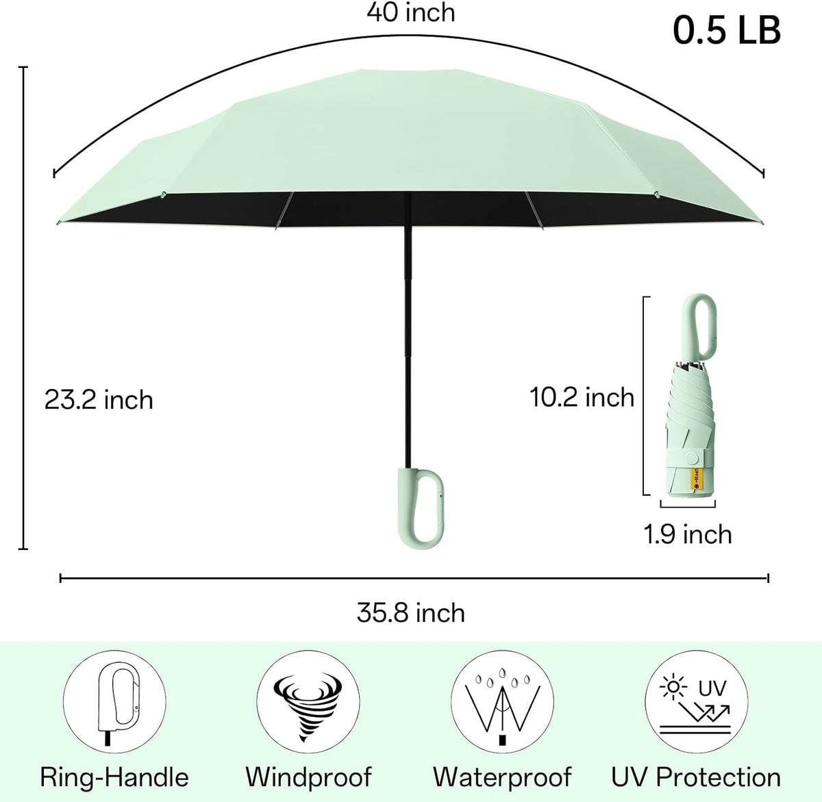 Compact Travel Umbrella with Carabiner Ring Handle, Windproof 5-Fold Portable Umbrella, UPF 50+ UV Protective Sun Parasol, Water Repellent Lightweight Small Rain Shield for Backpack, Purse, Stroller