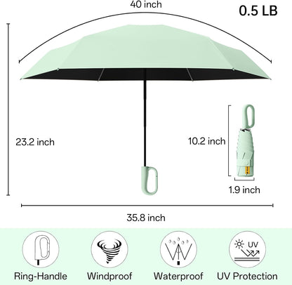 Compact Travel Umbrella with Carabiner Ring Handle, Windproof 5-Fold Portable Umbrella, UPF 50+ UV Protective Sun Parasol, Water Repellent Lightweight Small Rain Shield for Backpack, Purse, Stroller